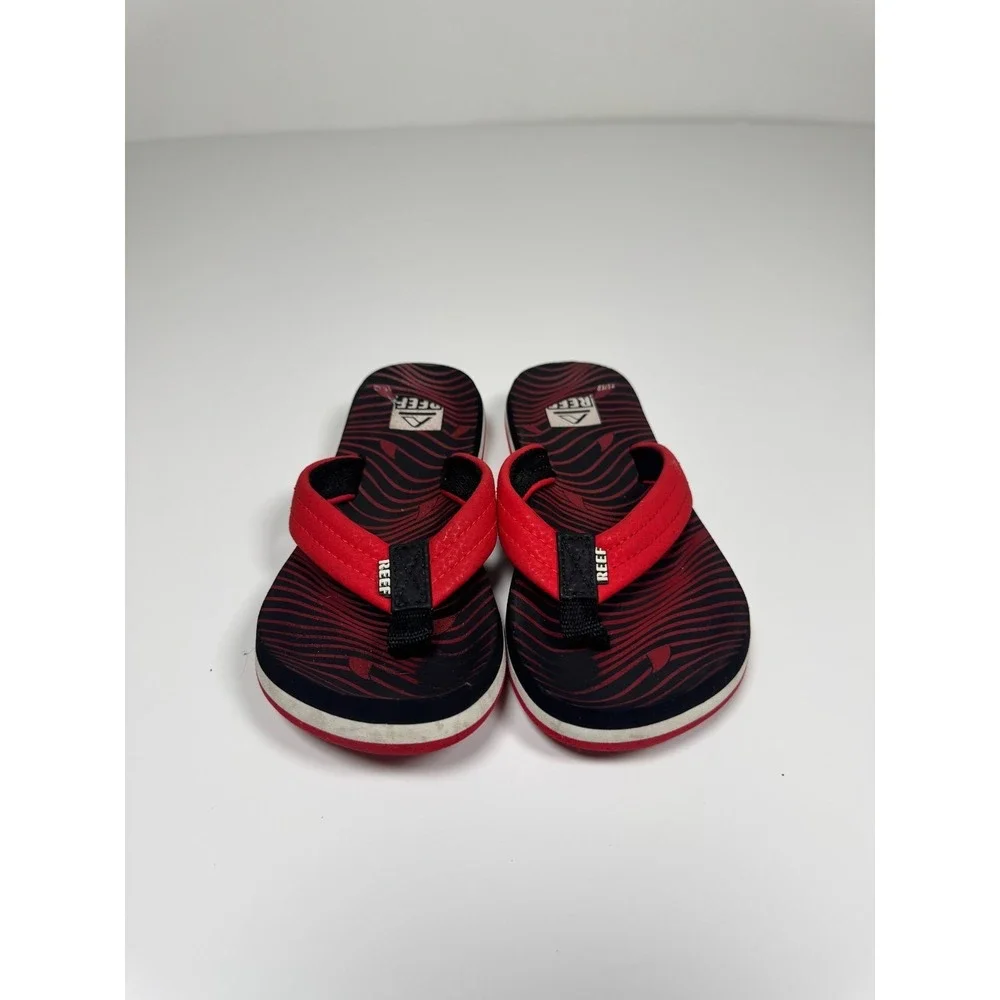 Reef Ahi Kids Flip Flops 11/12 Black Red Casual Slide Slip On Thong Sandals